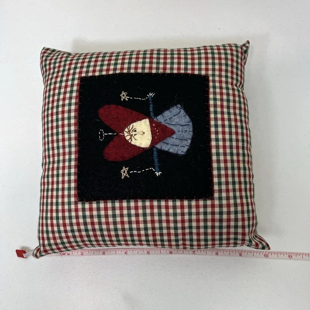 Vintage Handmade Christmas Holiday Pillow Felted Angel Fairy Godmother Plaid